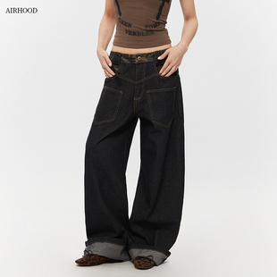 宽松直筒情侣长裤 AIRHOOD 男女新款 街头复古拼接弯刀牛仔裤 子 夏季