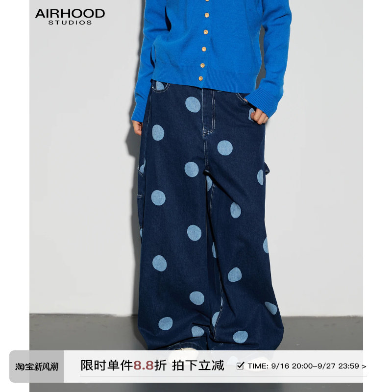 AIRHOOD 高腰波点牛仔裤女秋季宽松直筒长裤深蓝色显瘦百搭阔腿裤										