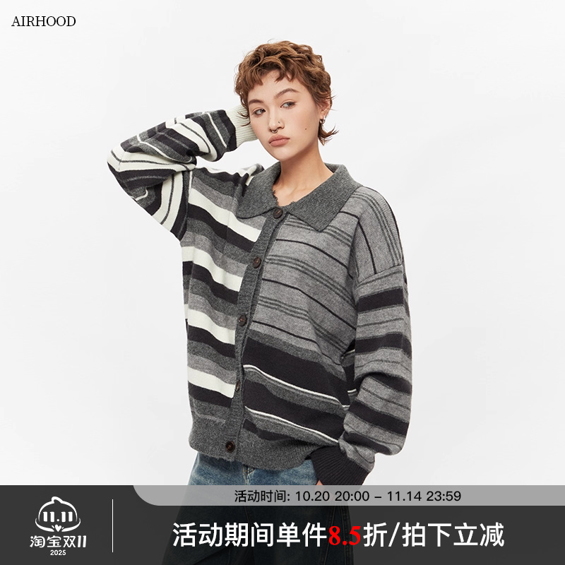 AIRHOOD 秋冬2025美式复古条纹拼接针织衫女情侣宽松开衫毛衣外套