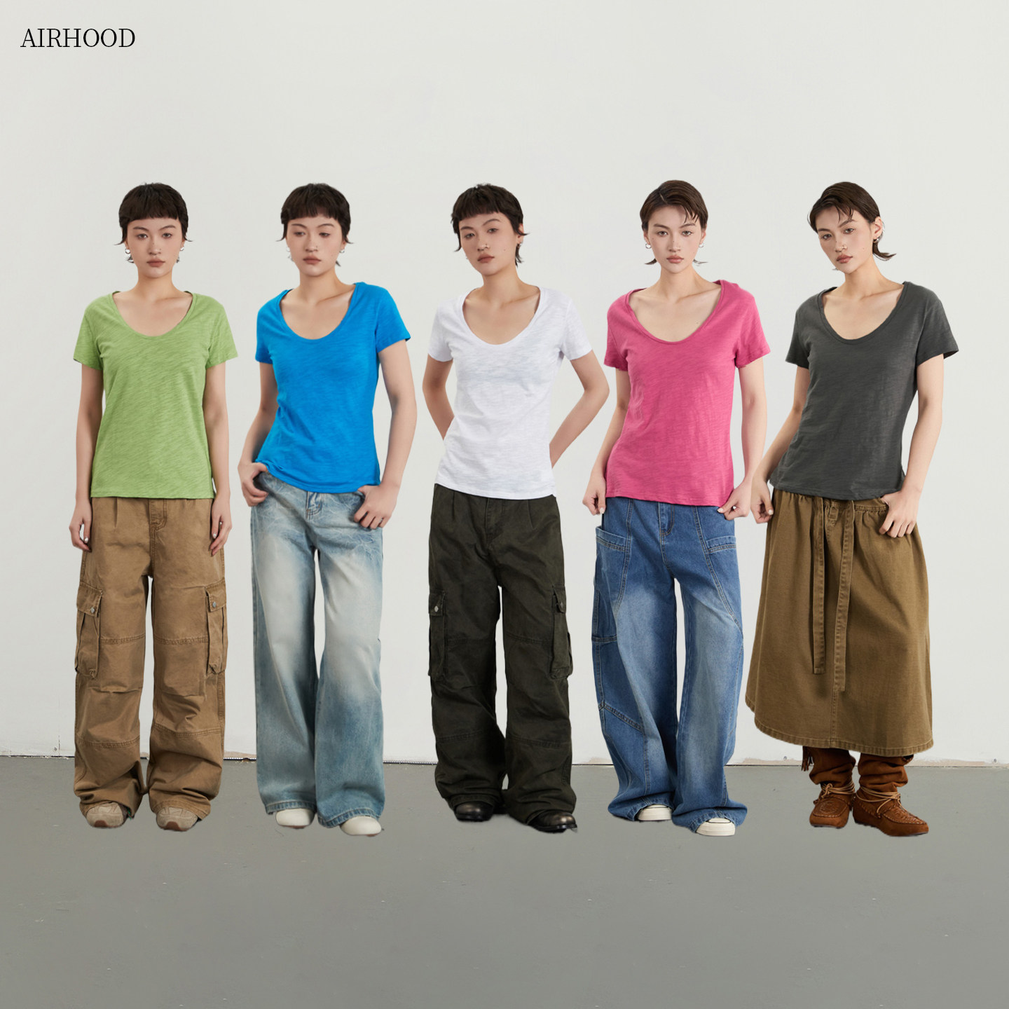 AIRHOOD 2026夏季正肩基础款U领短袖T恤女大领口简约休闲纯棉上衣