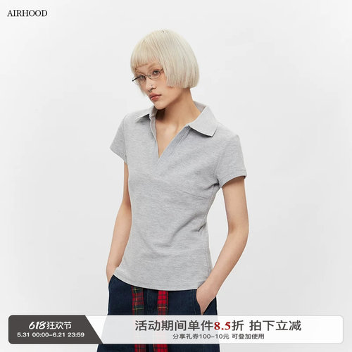 AIRHOOD 美式复古polo翻领修身短袖t恤女显瘦V领运动休闲正肩上衣