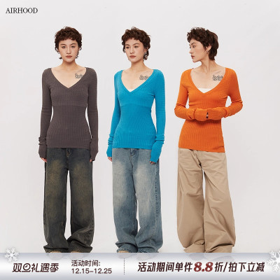 AIRHOOD纯色深V领长袖针织衫女2025秋冬修身显瘦辣妹内搭打底上衣