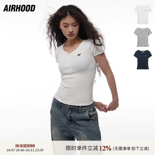 AIRHOOD 夏季修身纽扣V领大口正肩辣妹短款纯色短袖T恤上衣女ins