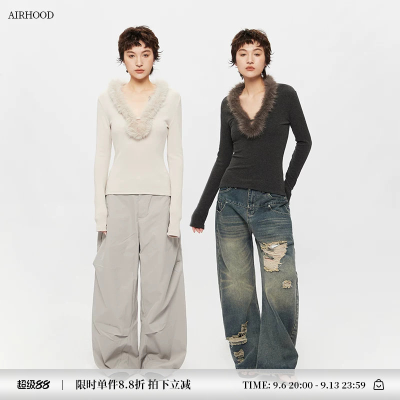 AIRHOOD 2026秋冬季高级长袖上衣美式毛毛V领修身内搭打底衫T恤女