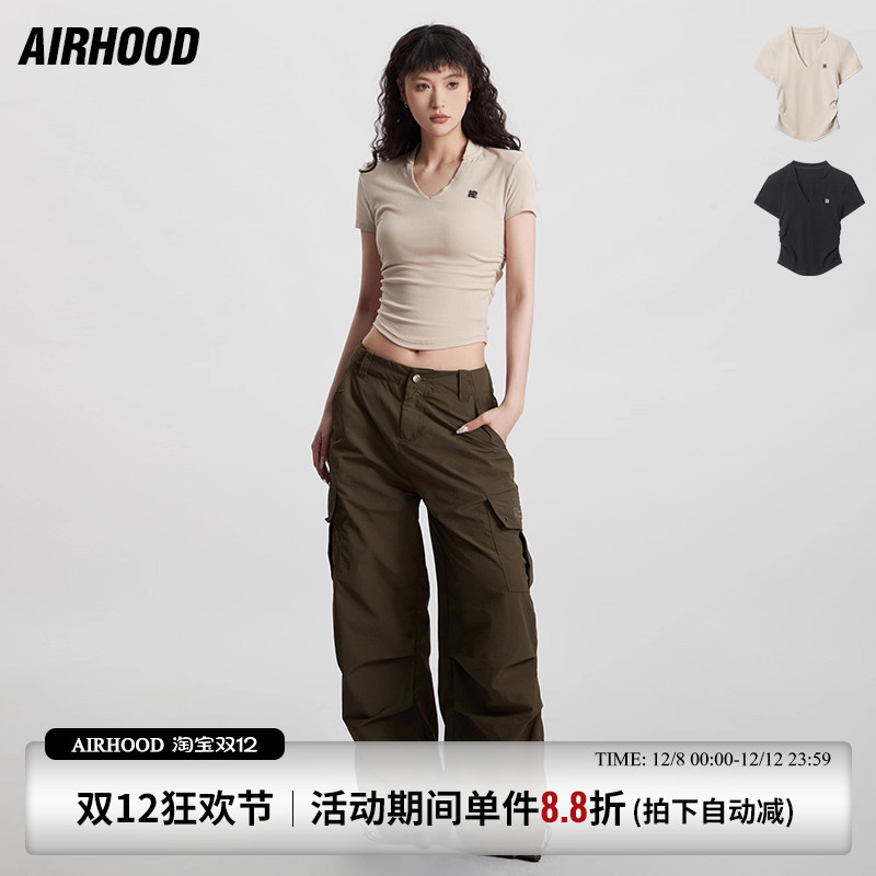AIRHOOD 美式V领皱褶短款短袖T恤女夏季辣妹正肩修身百搭显瘦上衣
