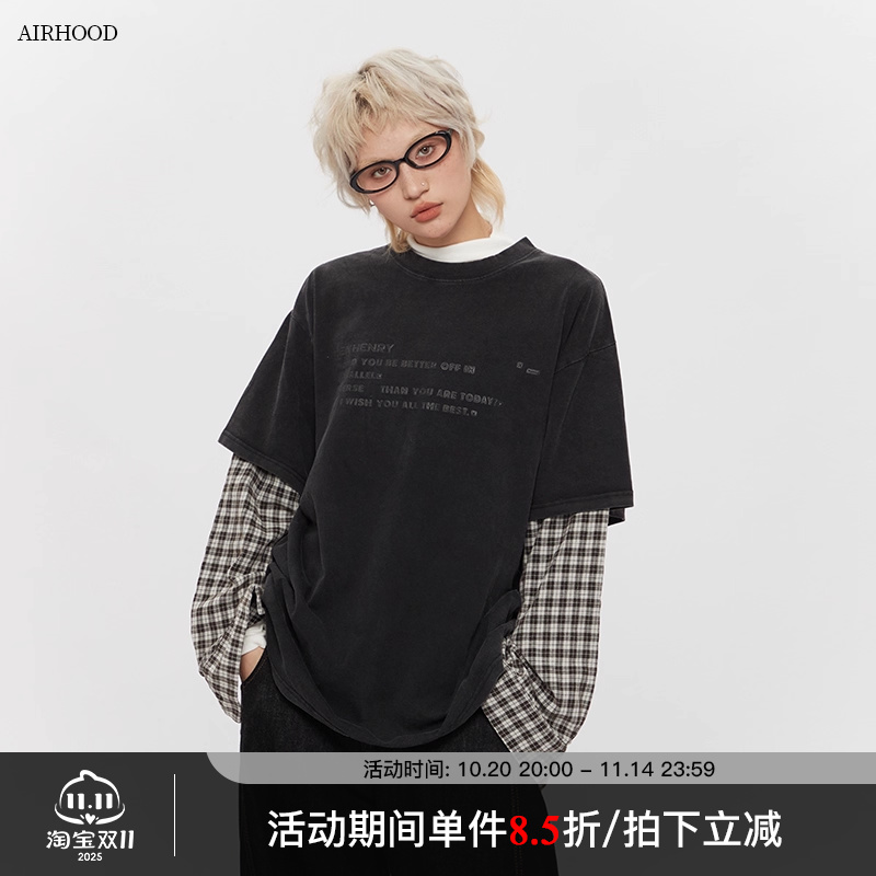 AIRHOOD 美式中性2025秋季复古假两件拼接宽松长袖情侣T恤上衣女