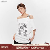 T恤韩版 AIRHOOD夏季 2025辣妹一字领短袖 宽松斜肩不规则露肩上衣女