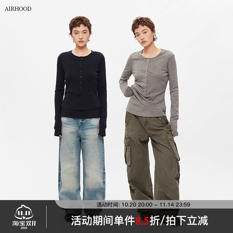AIRHOOD 2025春秋季假两件亨利领内搭打底上衣修身显瘦长袖T恤女