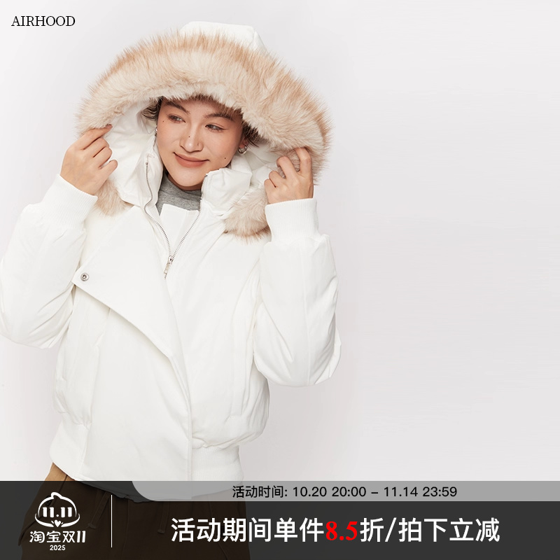 AIRHOOD 2025白色毛领连帽加厚棉服女冬季新款韩版保暖面包服外套