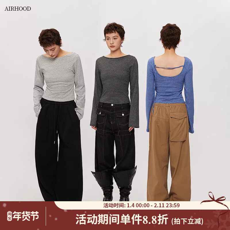 AIRHOOD 欧美露背内搭设计感长袖T恤女条纹收腰短款打底修身上衣,女装/女士精品,T恤,淘宝优惠券,粉丝福利购,淘宝优惠卷