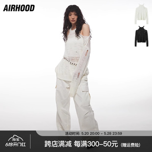 罩衫 AIRHOOD 辣妹设计感露肩薄款 上衣 春秋季 女破洞性感挂脖针织衫