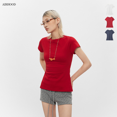 AIRHOOD 夏季多巴胺ins显白红色上衣女短袖显身材修身正肩t恤纯棉