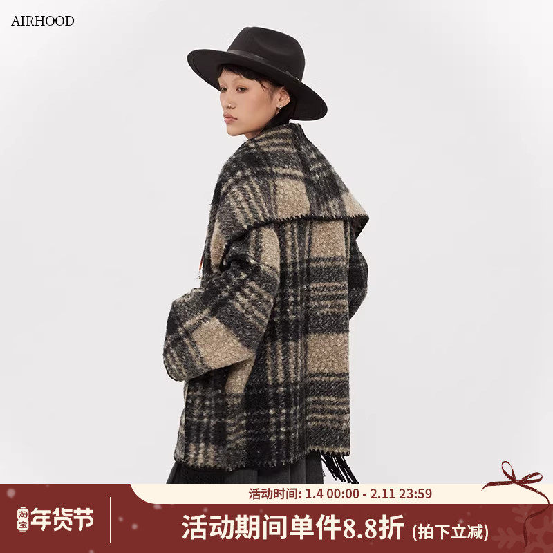 AIRHOOD 复古斗篷格子围巾韩系冬季毛呢大衣高级感气质宽松外套女,女装/女士精品,短外套,淘宝优惠券,粉丝福利购,淘宝优惠卷