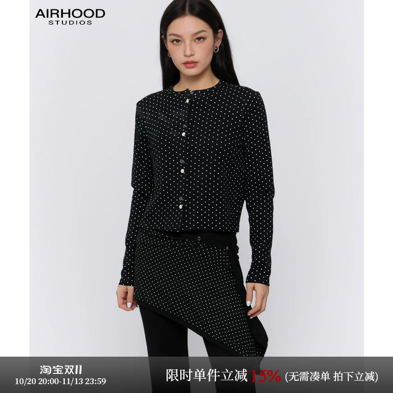 AIRHOOD 韩系黑色波点长袖T恤女春秋季时尚休闲正肩内搭开衫上衣