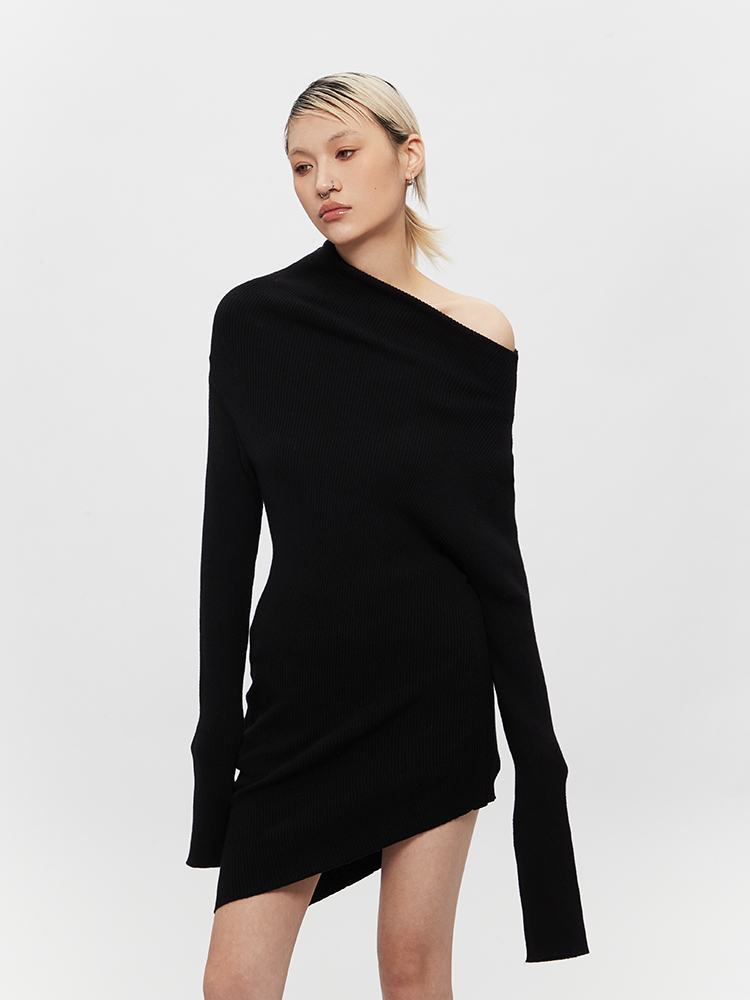 2025 One-Shoulder Slim-Fit Elegant Knit Top for Women, Long-Sleeve Asymmetrical Slanted Shoulder Sweater