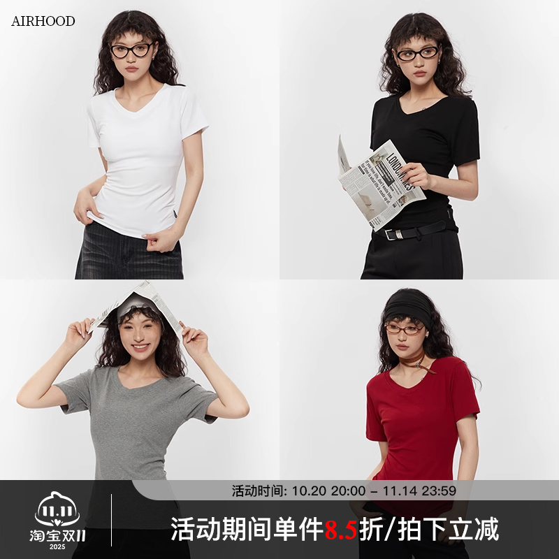 AIRHOOD 基础款白色v领短袖T恤女2025夏修身显瘦百搭正肩短款上衣