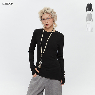 AIRHOOD 2025秋冬季打底衫长袖T恤女圆领修身收腰不规则内搭上衣