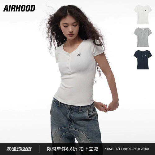 AIRHOOD 夏季修身纽扣V领大口正肩辣妹短款纯色短袖T恤上衣女ins