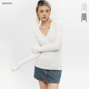 百搭内搭打底上衣女 AIRHOOD春秋2025深V领辣妹修身 长袖 针织衫 修身