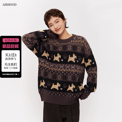 AIRHOOD 秋冬季美式复古提花圆领套头毛衣女情侣宽松慵懒风针织衫