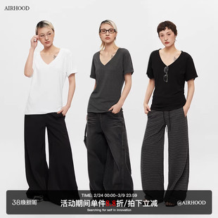 AIRHOOD 2026修身简约V领短袖T恤女大领口半袖显瘦慵懒上衣夏季