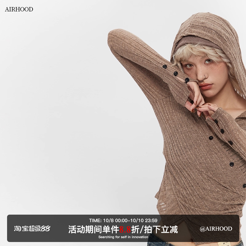 AIRHOOD 2025春季新款废土风不规则连帽V领辣妹长袖T恤修身上衣女