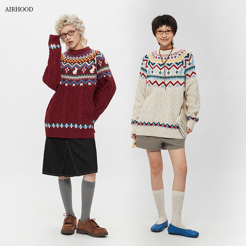 AIRHOOD 秋冬费尔岛圆领宽松套头针织衫女复古麻花情侣圣诞节毛衣