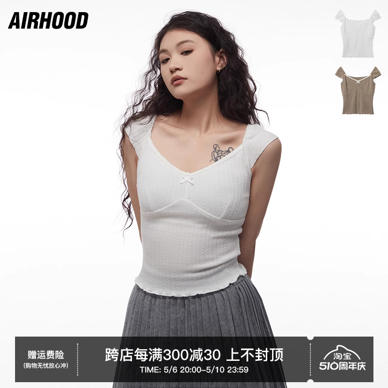 AIRHOOD一字肩大方领小飞袖上衣女纯欲风露锁骨甜辣妹短款短袖T恤