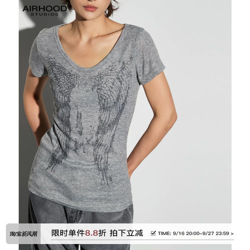 AIRHOOD 千禧辣妹风V领正肩短袖T恤女美式翅膀烫钻修身显瘦上衣夏