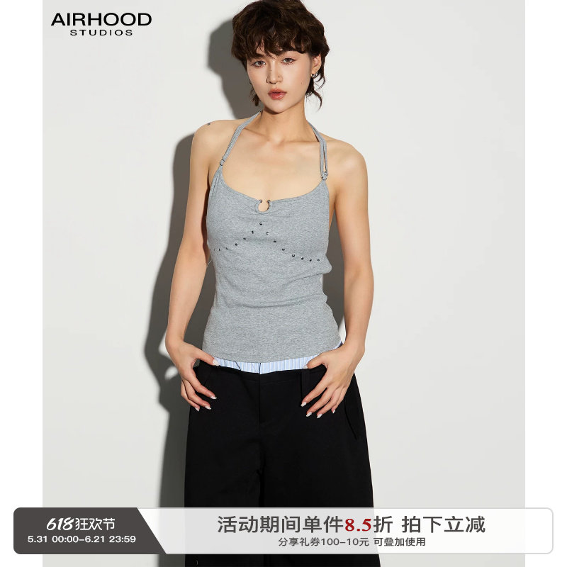 AIRHOOD美式复古辣妹风挂脖铆钉背心女夏修身显瘦Y2K露背吊带上衣