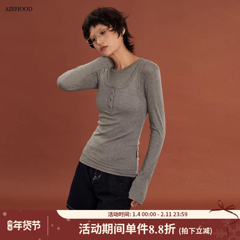 AIRHOOD 24秋季修身打底衫女新款假两件上衣美式纯色长袖辣妹T恤,女装/女士精品,T恤,淘宝优惠券,粉丝福利购,淘宝优惠卷