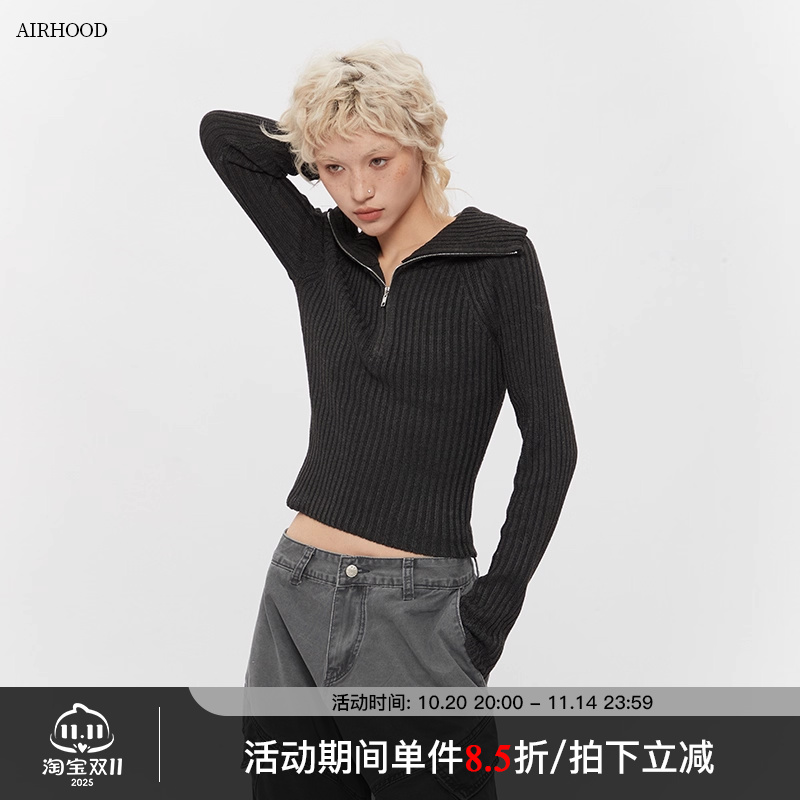 AIRHOOD 半拉链短款翻领针织衫女2025秋冬季内搭打底高领修身毛衣