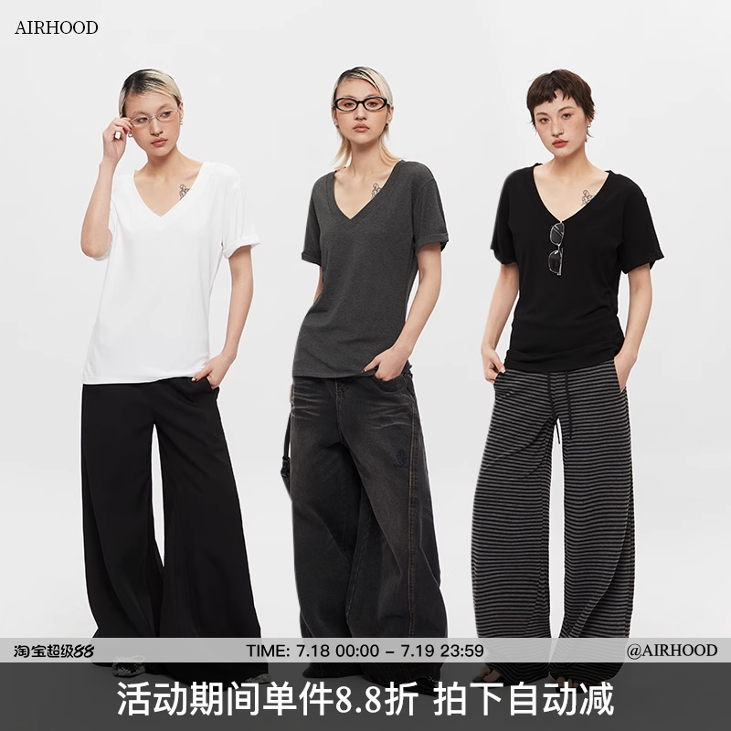 AIRHOOD 2025修身简约V领短袖T恤女大领口半袖显瘦慵懒上衣夏季