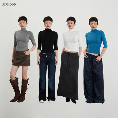 AIRHOOD半高领紧身五分袖T恤修身显瘦2026春夏内搭打底中袖上衣女