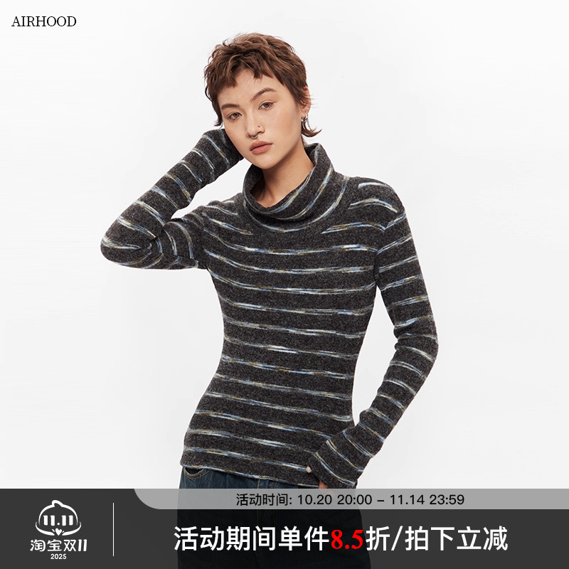 AIRHOOD 秋冬季条纹半高领长袖T恤女修身显瘦打底衫紧身内搭上衣