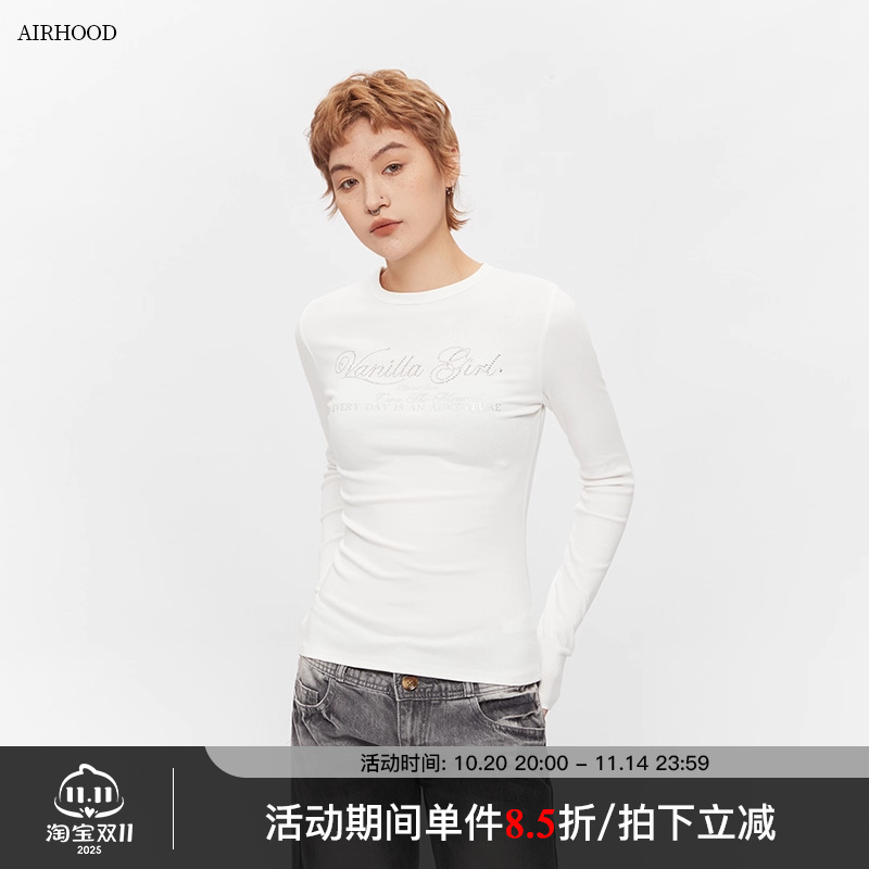 AIRHOOD 美式复古字母印花长袖T恤女2025修身显瘦辣妹打底上衣ins