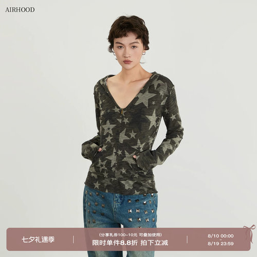 AIRHOOD 美式春秋季迷彩打底连帽长袖t恤女深V领内搭防晒罩衫上衣