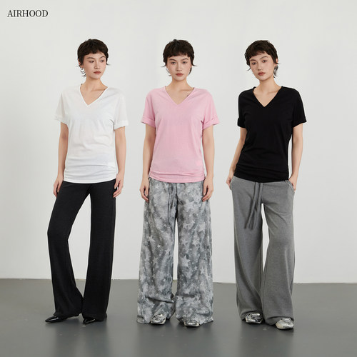 AIRHOOD 纯色简约休闲V领短袖T恤女2026夏季修身显瘦韩系慵懒上衣
