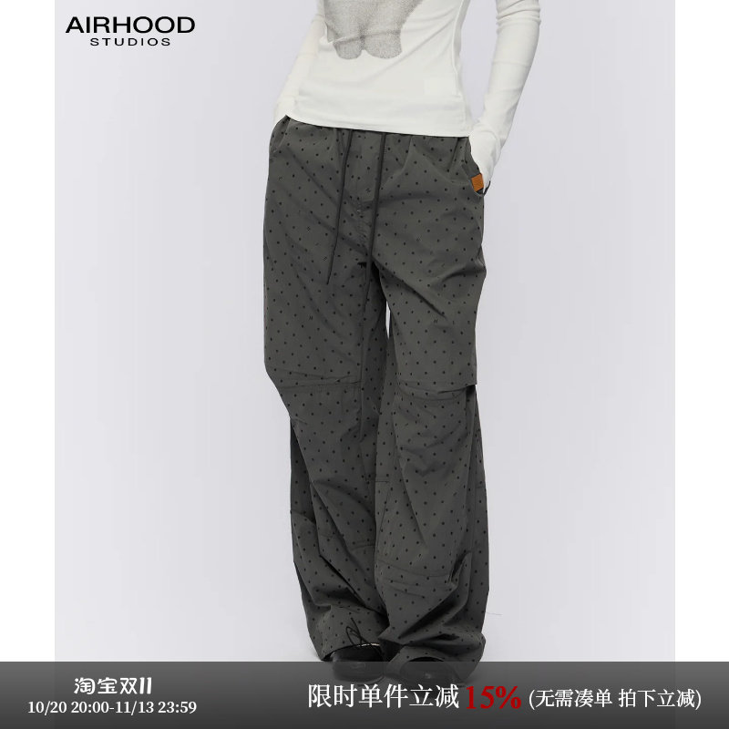 AIRHOOD 美式复古波点抽绳直筒休闲裤女宽松百搭阔腿拖地伞兵长裤