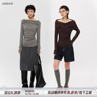 AIRHOOD T恤女春秋斜肩收腰设计感内搭上衣 露肩一字领不规则长袖