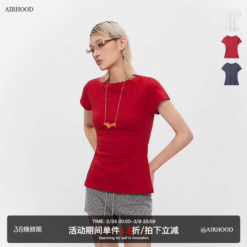 AIRHOOD 夏季多巴胺ins显白红色上衣女短袖显身材修身正肩t恤纯棉