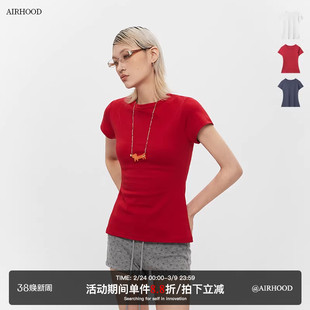 AIRHOOD 夏季多巴胺ins显白红色上衣女短袖显身材修身正肩t恤纯棉