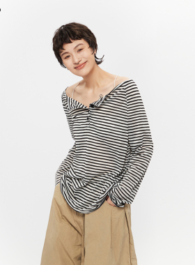 AIRHOOD 2026夏季条纹一字肩长袖T恤女薄款宽松慵懒露肩罩衫上衣