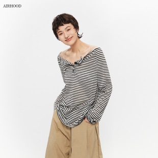 宽松慵懒露肩罩衫 AIRHOOD T恤女薄款 条纹一字肩长袖 上衣 2026夏季