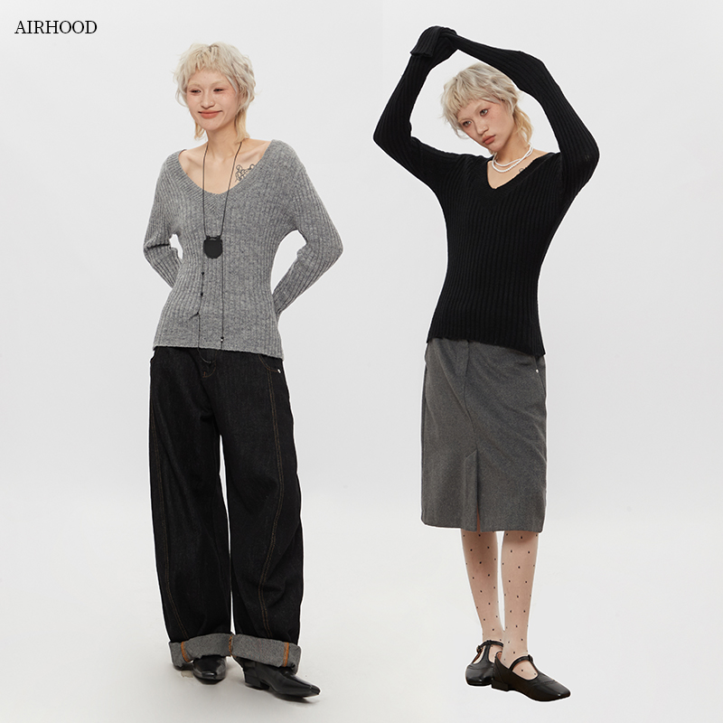 AIRHOOD 2025秋冬季复古v领内搭长袖针织衫女修身毛衣ins打底上衣