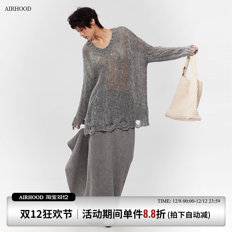 AIRHOOD 宽松辣妹薄款毛衣女秋季V领破洞小众BF慵懒风针织衫上衣