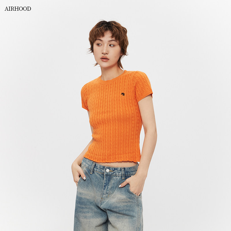 AIRHOOD 夏季修身显瘦辣妹基础百搭正肩上衣女麻花针织衫短袖T恤