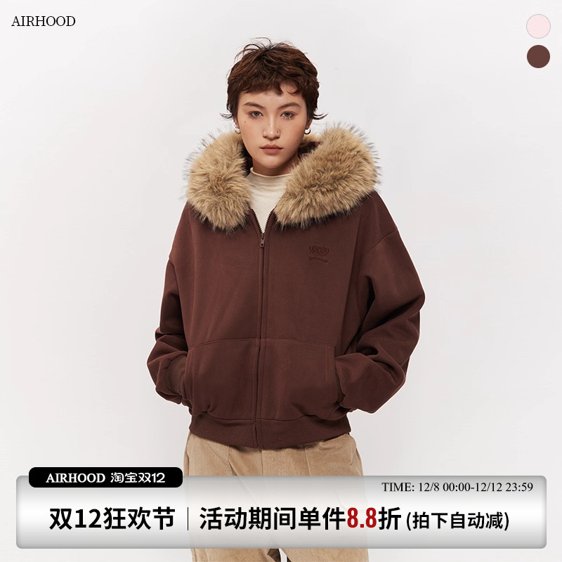 AIRHOOD 2025美式复古毛领连帽卫衣女秋冬季加绒加厚宽松开衫外套