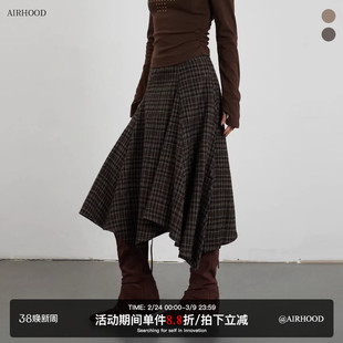AIRHOOD 复古格子中长款A字半身裙子女不规则裙摆美拉德显瘦裙子