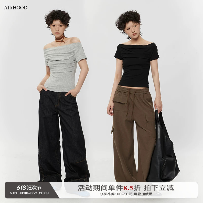 AIRHOOD韩版一字领露肩不规则领口辣妹短袖T恤短款修身气质上衣女